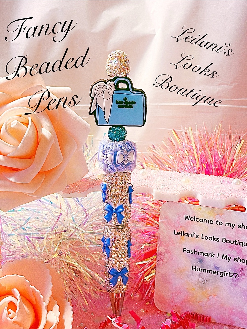 Pink & Blue Beaded Luxury Pen/
 Fancy beaded Pen/gifts/turquoise purse/